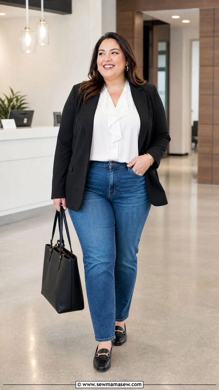 Plus Size Ruffle Top With Blazer And Jeans - 20 plus size ruffle top outfit ideas