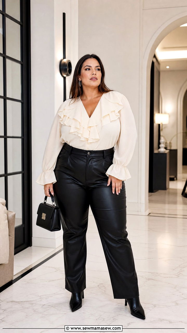 Plus Size Ruffle Top With Faux Leather Pants - 20 plus size ruffle top outfit ideas