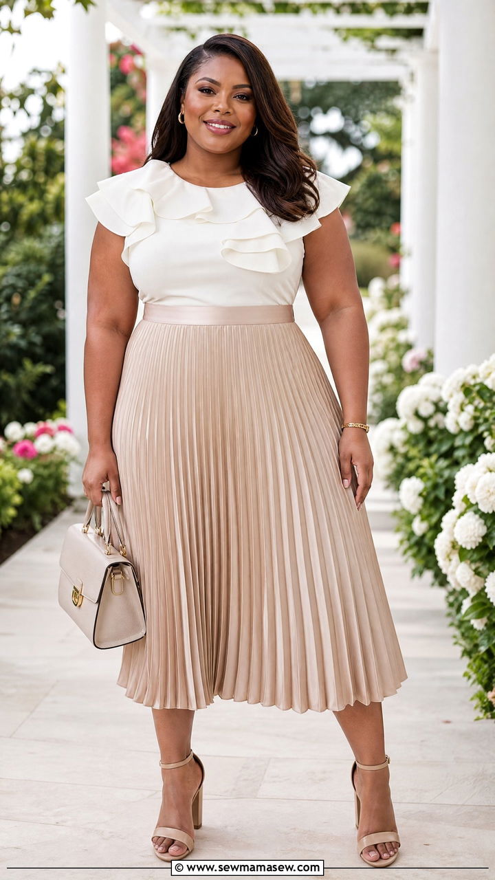 Plus Size Ruffle Top With Pleated Midi Skirt - 20 plus size ruffle top outfit ideas