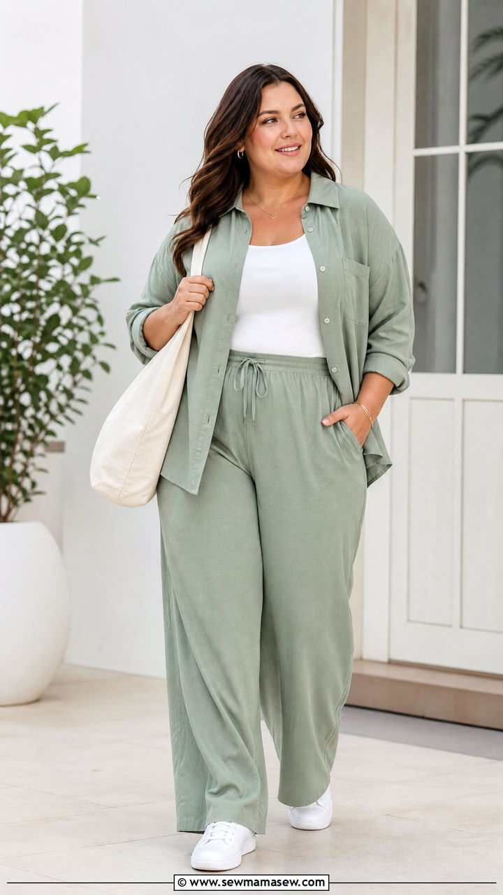Plus Size Sage Green Matching Set Outfit - 20 plus size green outfit ideas