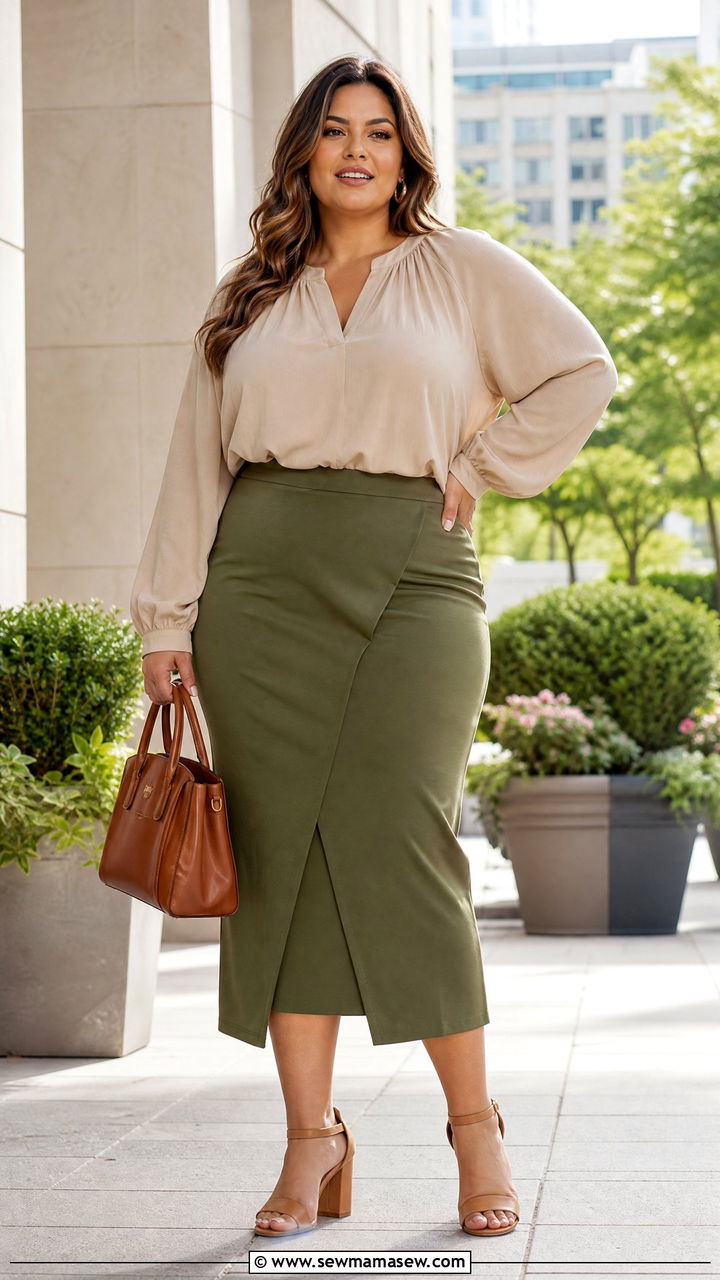 Plus Size Sand Blouse And Olive Skirt Outfit - 20 plus size earth tone outfit ideas