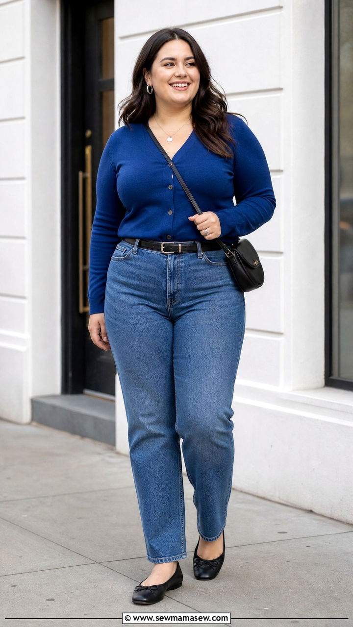 Plus Size Sapphire Cardigan And Jeans Outfit - 20 plus size jewel tone outfit ideas