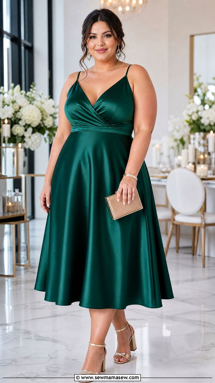 Plus Size Satin A Line Dress With Strappy Heels - 20 plus size a-line dress outfit ideas