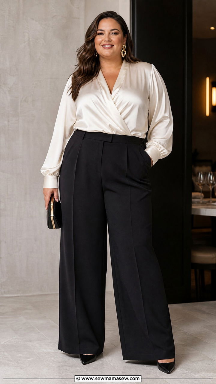Plus Size Satin Blouse And Wide Leg Pants Outfit - 20 plus size new years eve outfit ideas