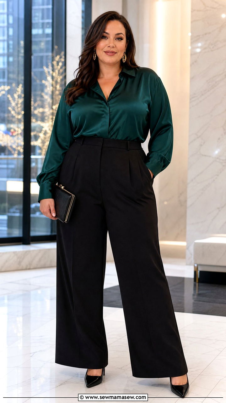 Plus Size Satin Blouse And Wide Leg Pants Outfit - 20 plus size holiday party outfit ideas
