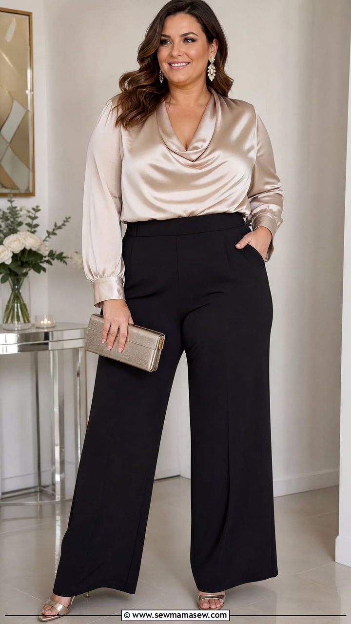 Plus Size Satin Blouse And Wide Leg Pants Party Outfit - 20 plus size party outfit ideas