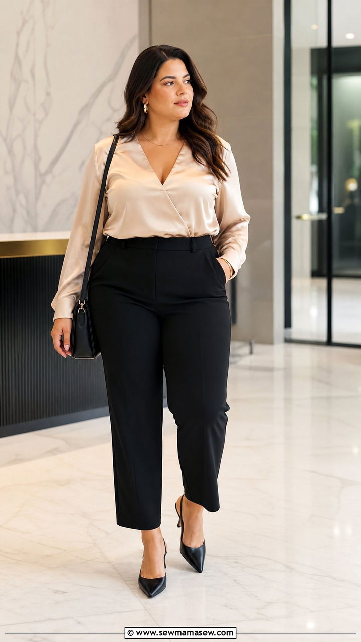 Plus Size Satin Blouse With Black Trousers - 20 plus size blouse outfit ideas