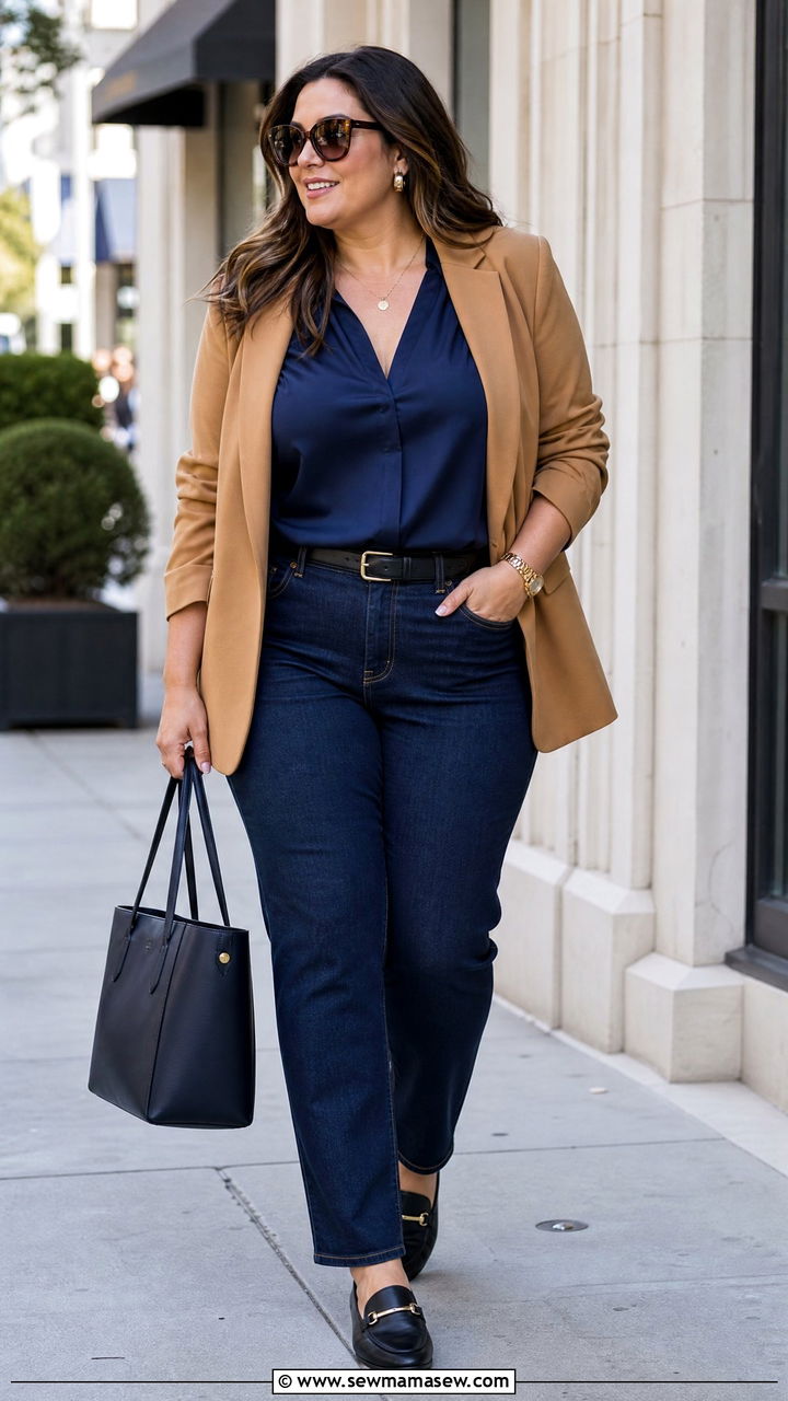 Plus Size Satin Blouse With Blazer And Jeans - 20 plus size satin blouse outfit ideas
