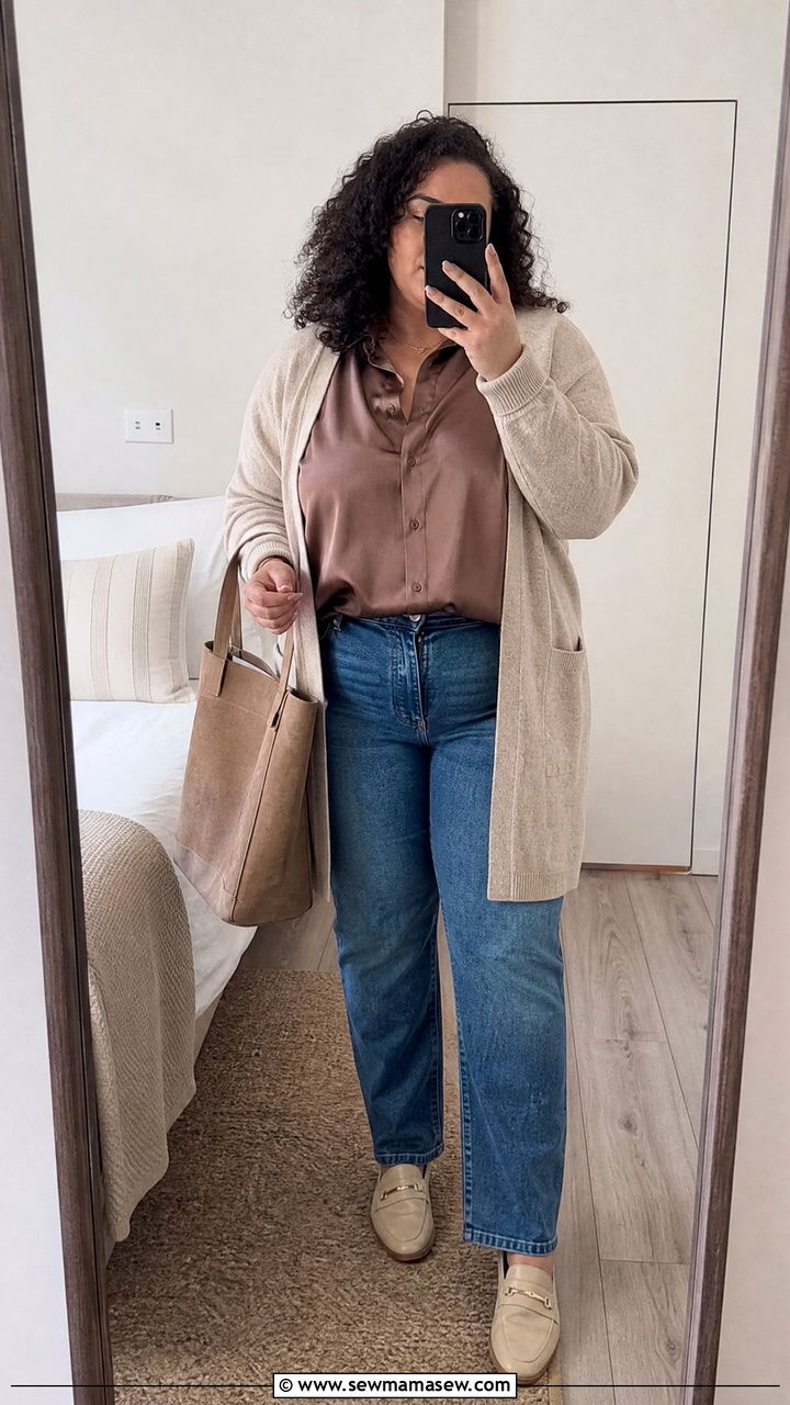 Plus Size Satin Blouse With Cardigan And Jeans - 20 plus size satin blouse outfit ideas