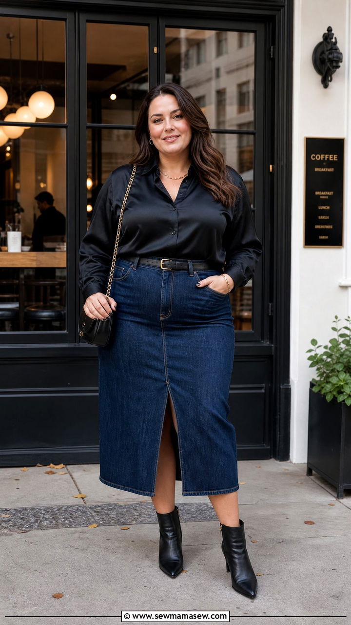 Plus Size Satin Blouse With Denim Skirt - 20 plus size satin blouse outfit ideas