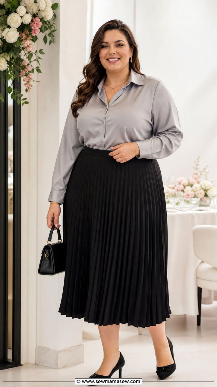Plus Size Satin Blouse With Pleated Skirt - 20 plus size satin blouse outfit ideas