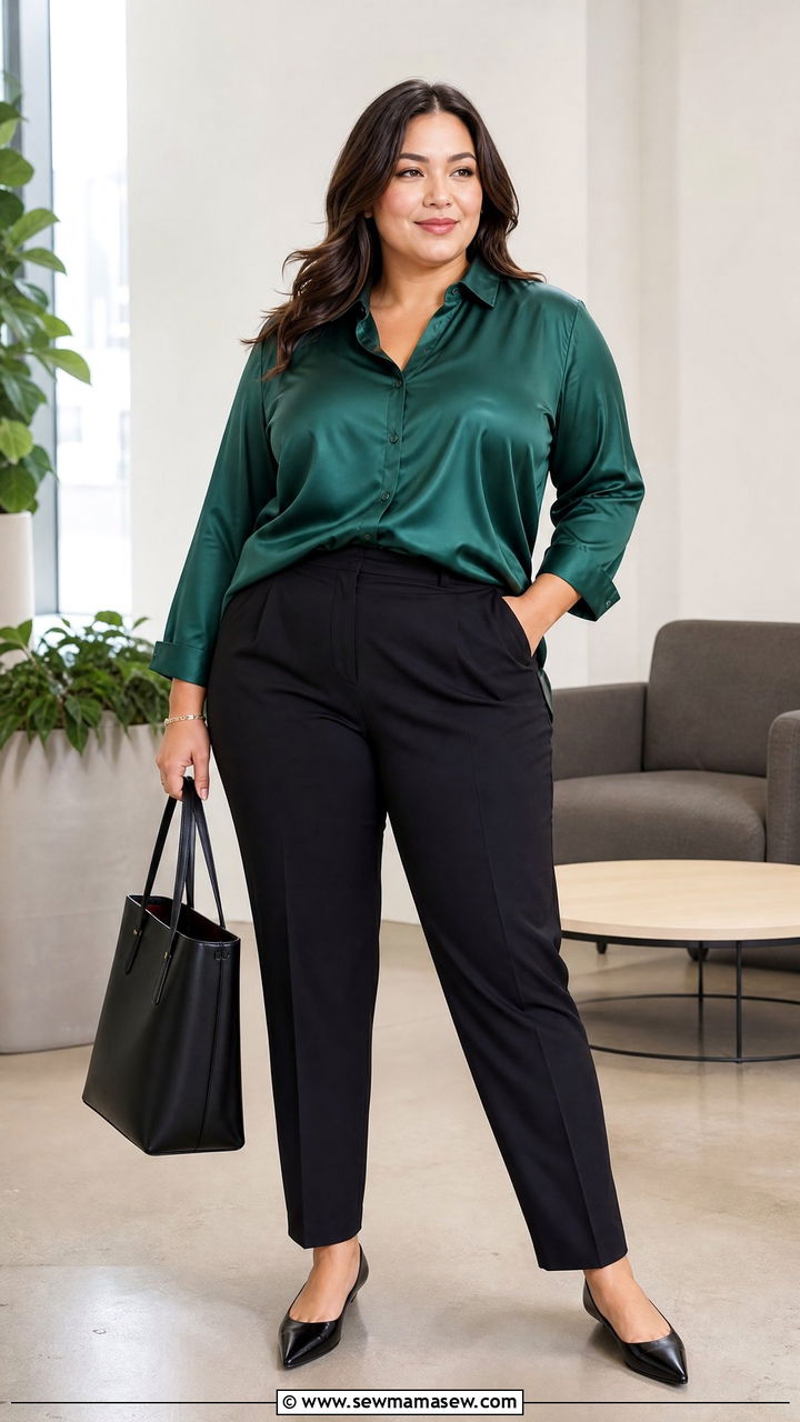 Plus Size Satin Blouse With Tailored Pants - 20 plus size work top outfit ideas