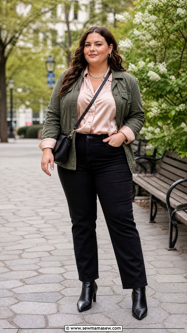 Plus Size Satin Blouse With Utility Jacket - 20 plus size satin blouse outfit ideas