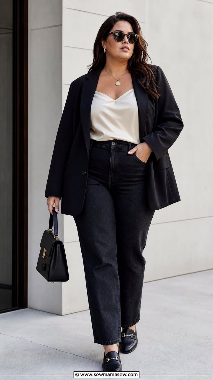 Plus Size Satin Cami Top With A Blazer - 20 plus size satin cami top outfit ideas
