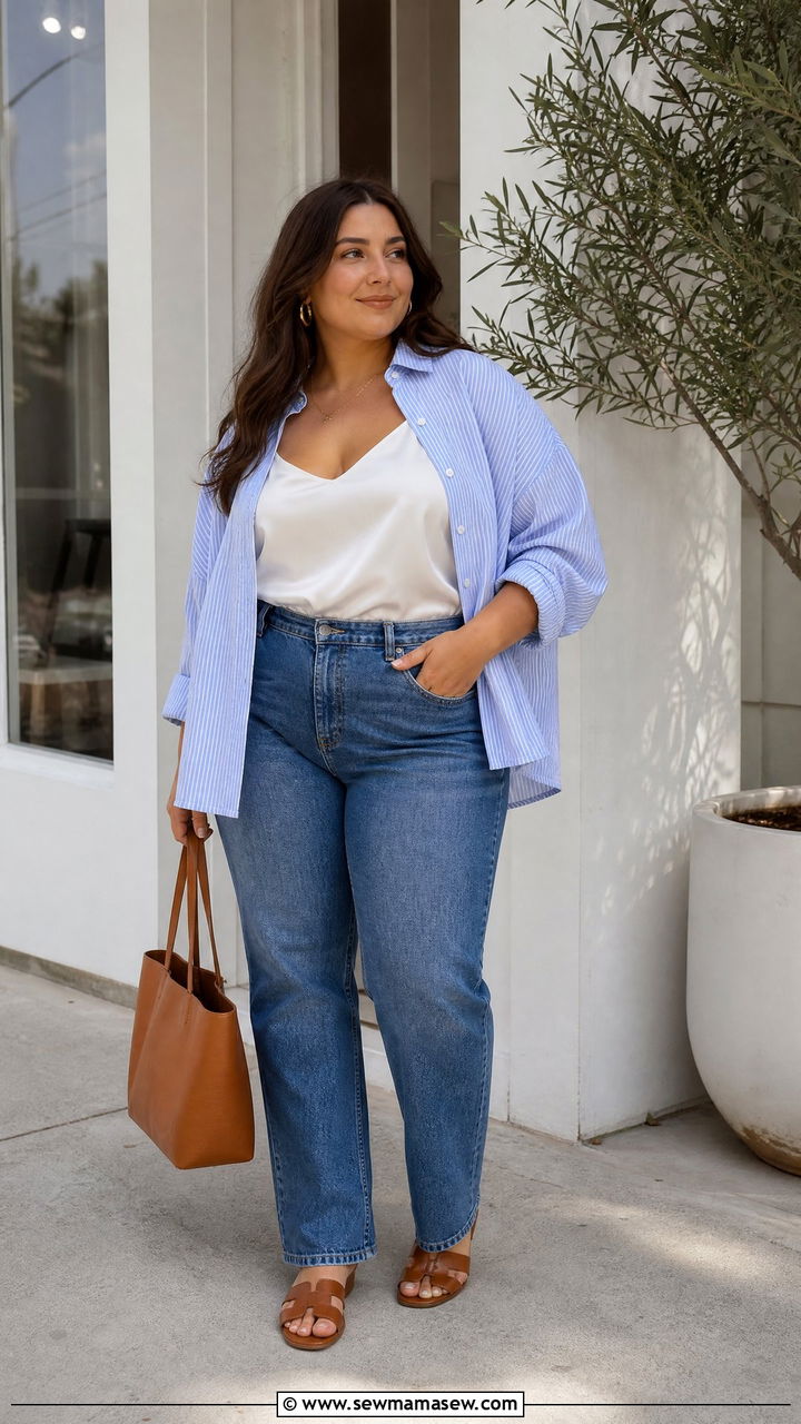 Plus Size Satin Cami Top With A Button Down Shirt - 20 plus size satin cami top outfit ideas