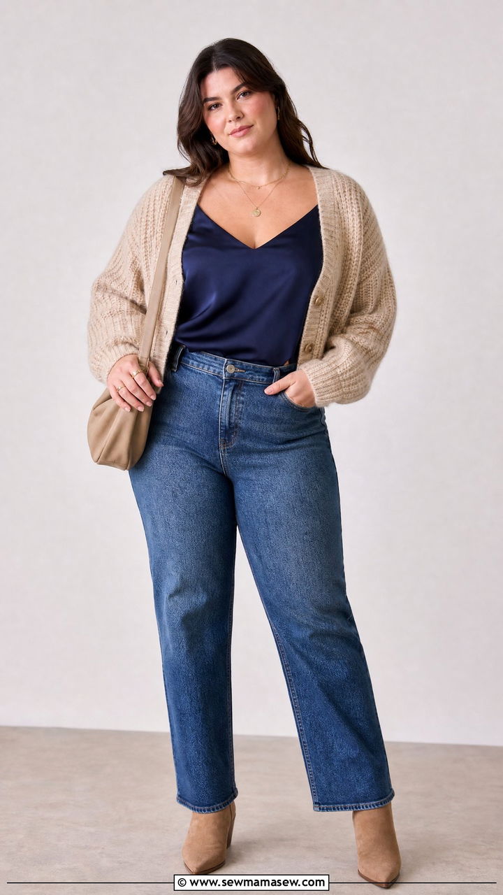 Plus Size Satin Cami Top With A Cardigan - 20 plus size satin cami top outfit ideas