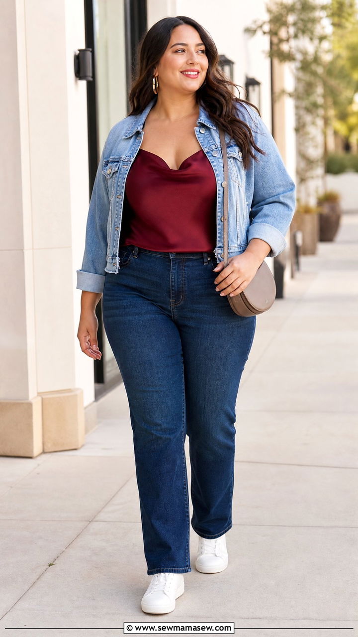 Plus Size Satin Cami Top With A Denim Jacket - 20 plus size satin cami top outfit ideas