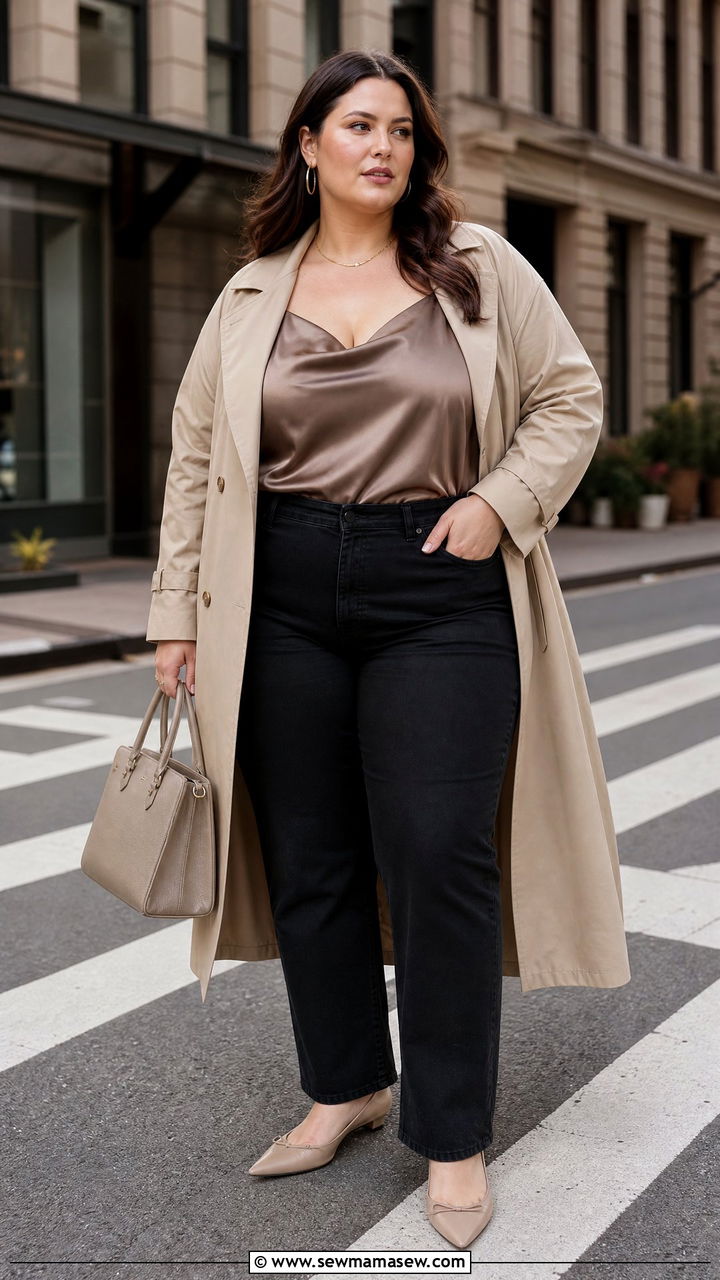 Plus Size Satin Cami Top With A Trench Coat - 20 plus size satin cami top outfit ideas