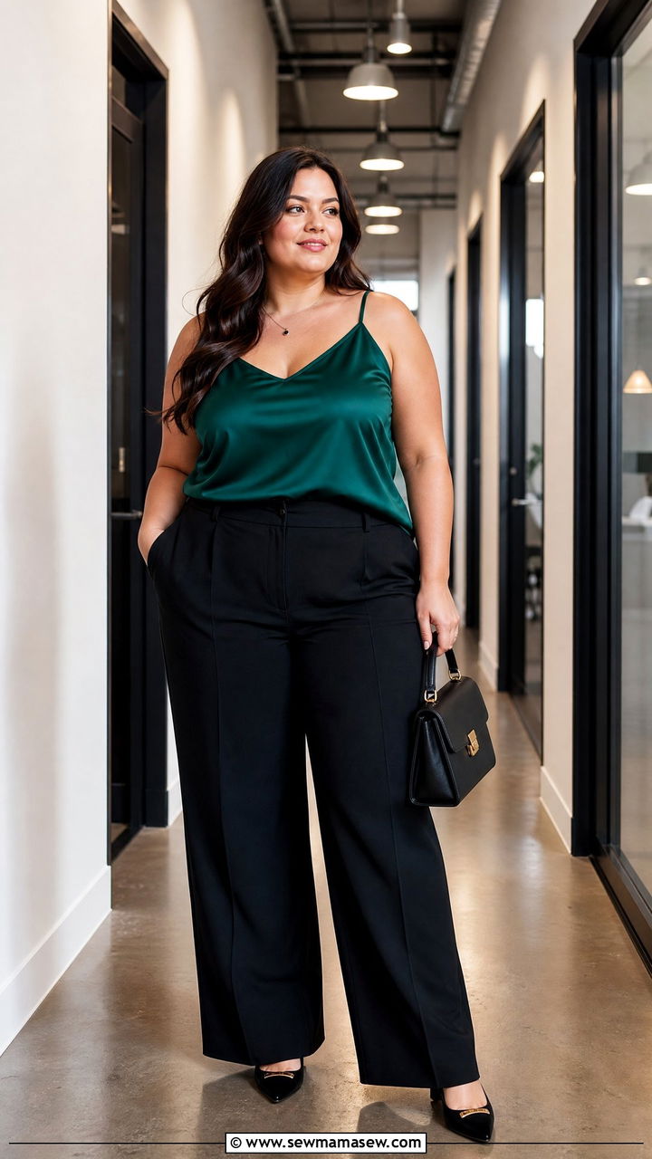 Plus Size Satin Cami Top With Black Trousers - 20 plus size satin cami top outfit ideas