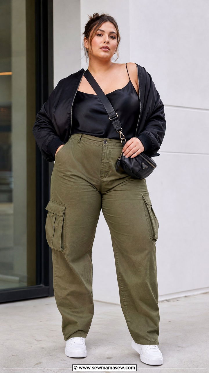 Plus Size Satin Cami Top With Cargo Pants - 20 plus size satin cami top outfit ideas