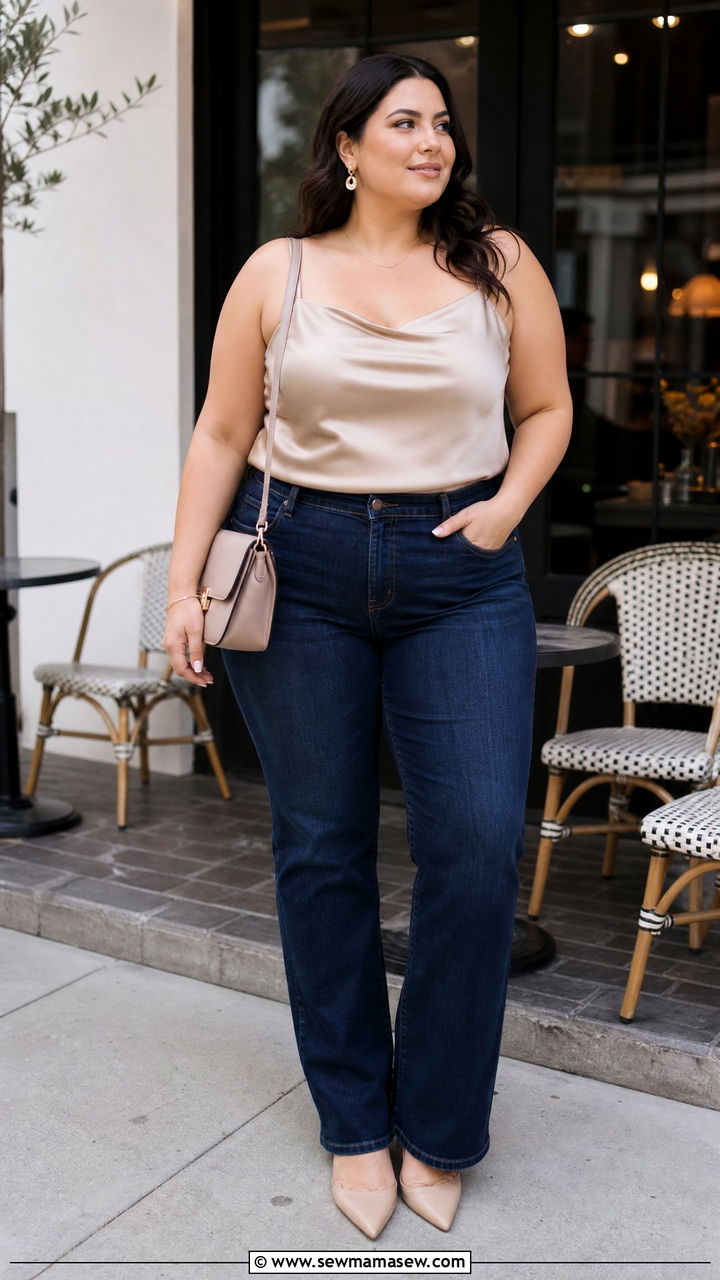 Plus Size Satin Cami Top With Straight Leg Jeans - 20 plus size cami top outfit ideas