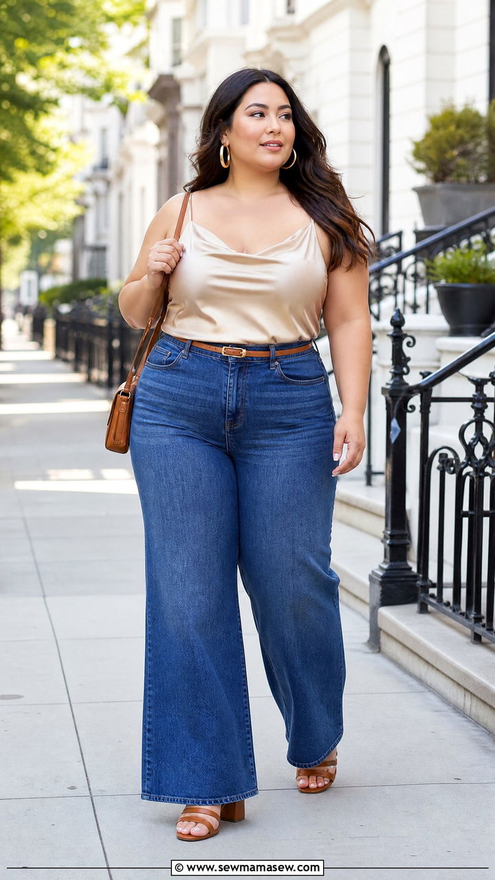 Plus Size Satin Cami Top With Wide Leg Jeans - 20 plus size satin cami top outfit ideas