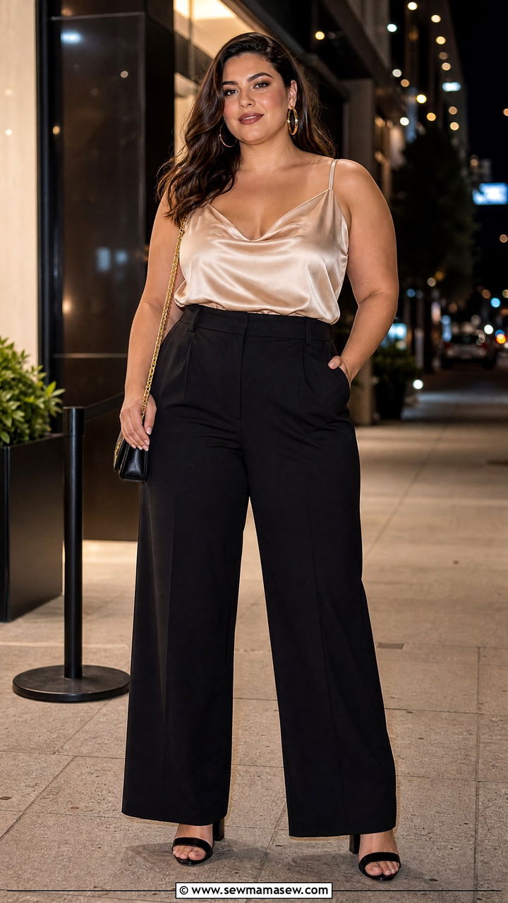 Plus Size Satin Cami Top With Wide Leg Pants - 20 plus size going out cami top outfit ideas