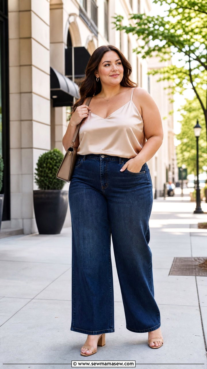 Plus Size Satin Camisole Top With Wide Leg Jeans - 20 plus size camisole top outfit ideas