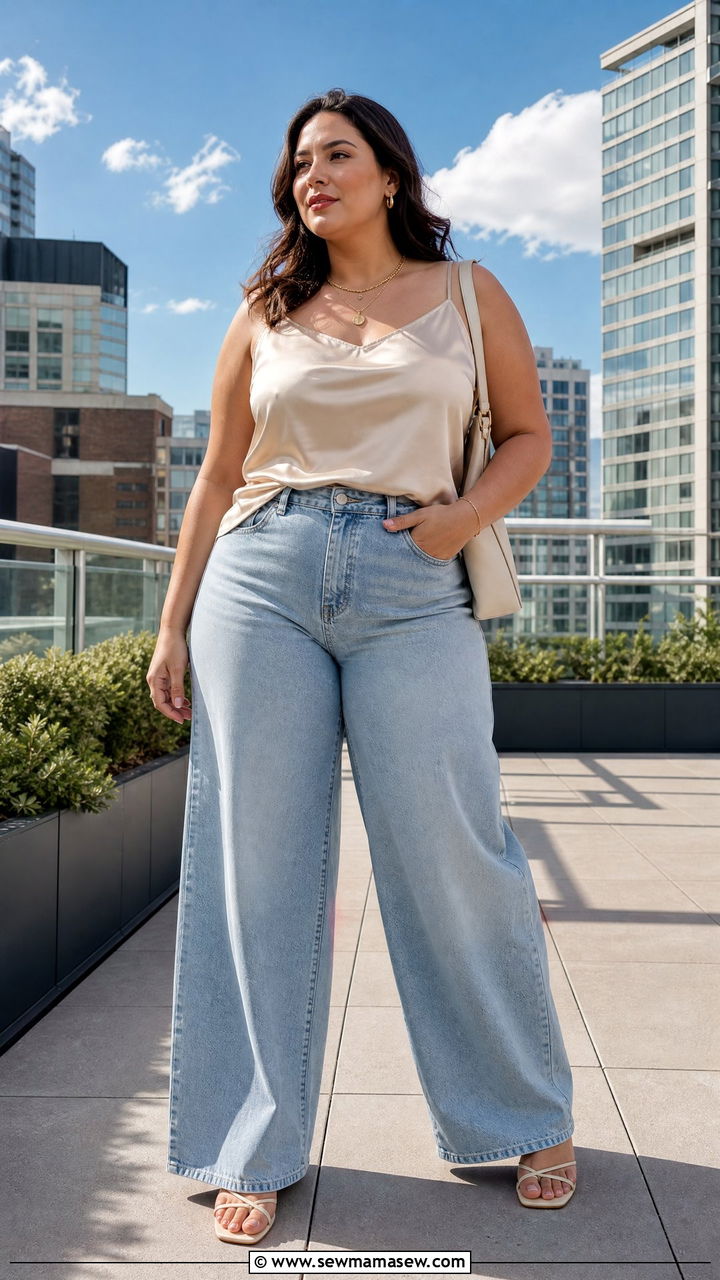 Plus Size Satin Camisole With Wide Leg Jeans Outfit - 20 plus size cute summer tops outfit ideas