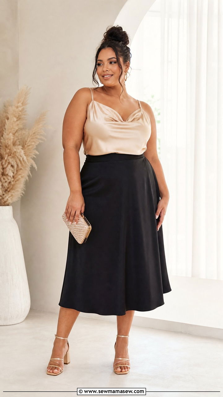 Plus Size Satin Cowl Neck Cami Top With Midi Skirt - 20 plus size cowl neck cami top outfit ideas