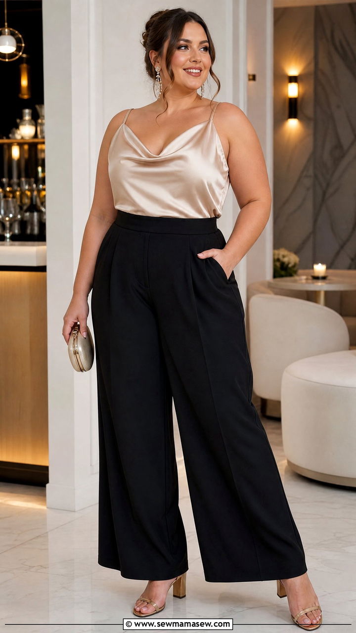 Plus Size Satin Cowl Neck Top Outfit - 20 plus size holiday party top outfit ideas