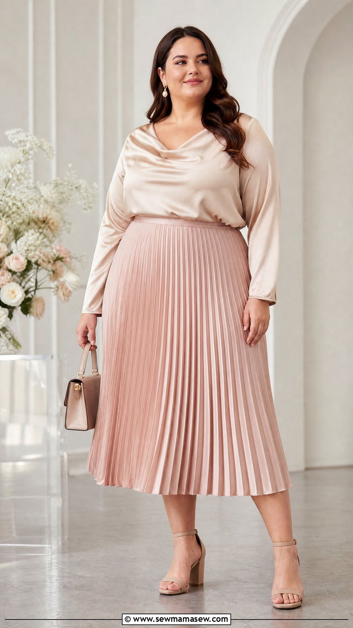 Plus Size Satin Cowl Neck Top With Midi Skirt - 20 plus size cowl neck top outfit ideas