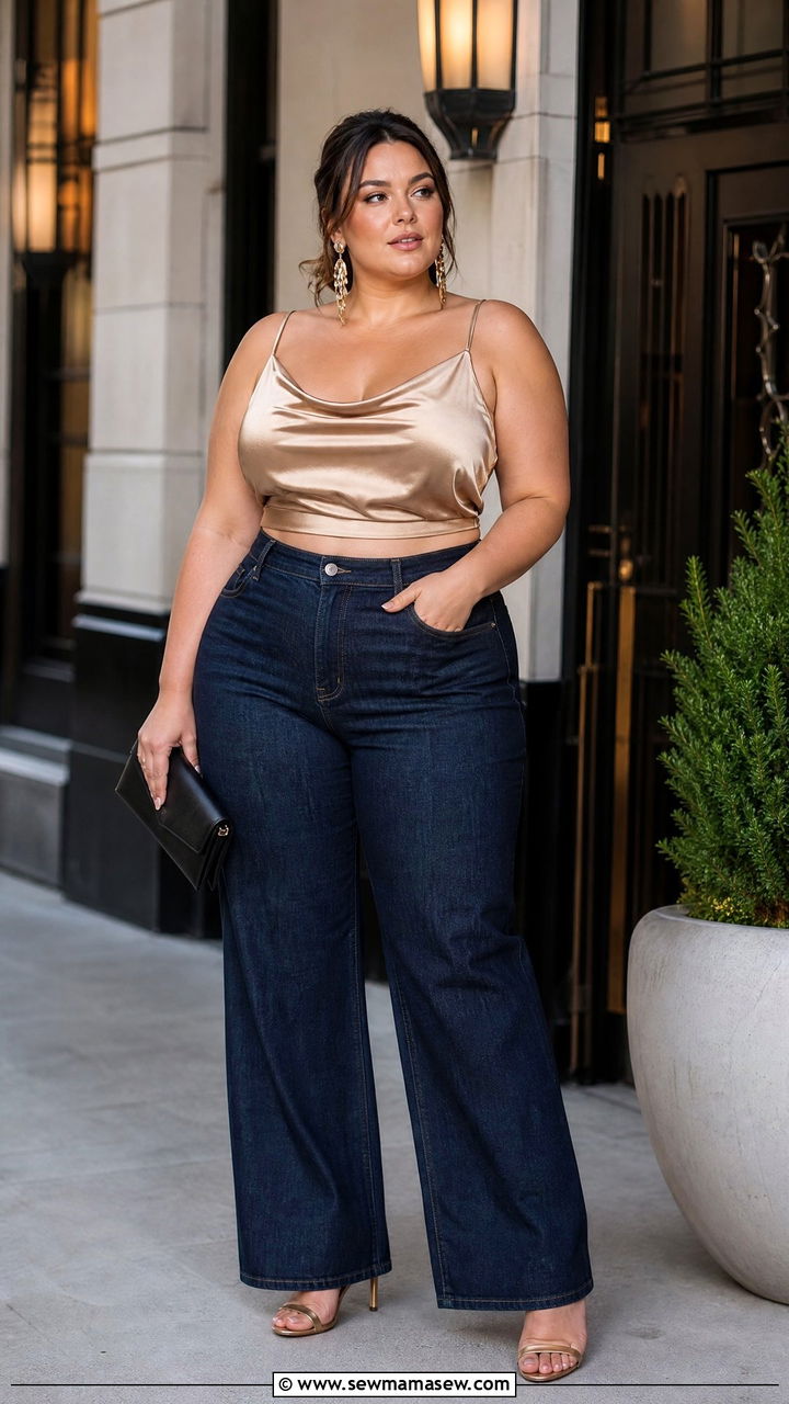 Plus Size Satin Crop Top And High Waisted Jeans Outfit - 20 plus size crop top and high waisted jeans outfit ideas