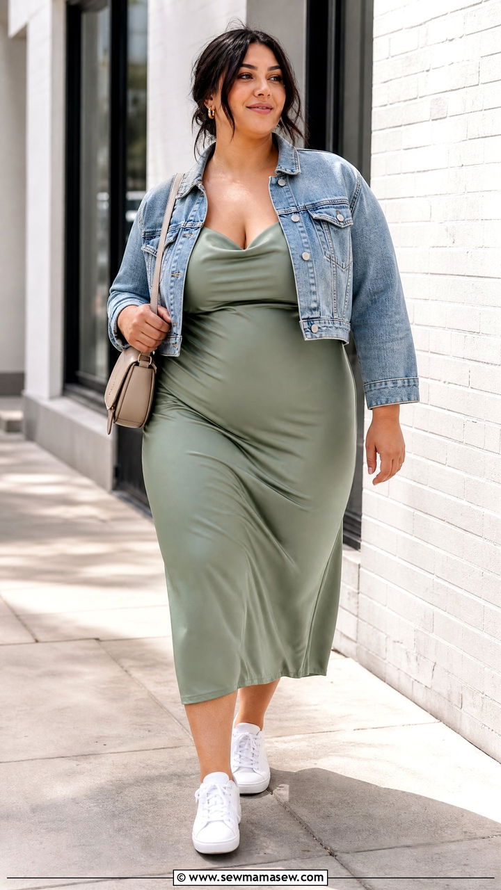 Plus Size Satin Dress With Denim Jacket Outfit - 20 plus size satin dress outfit ideas