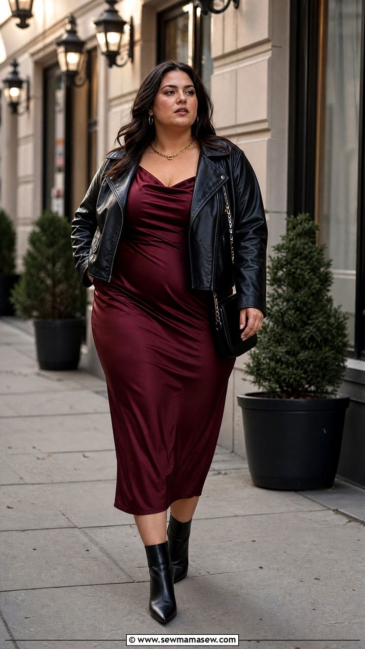 Plus Size Satin Dress With Leather Jacket Outfit - 20 plus size satin dress outfit ideas