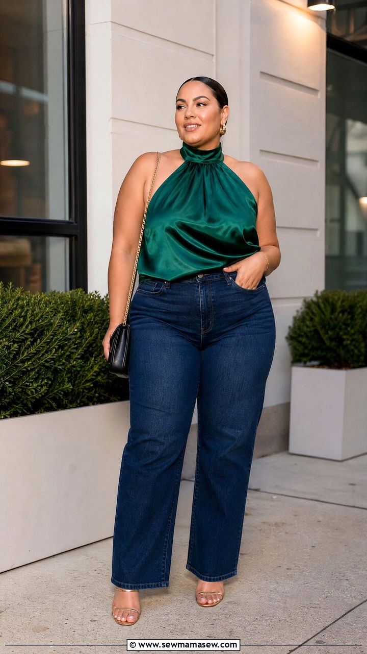 Plus Size Satin Halter Top With Jeans - 20 plus size halter top outfit ideas