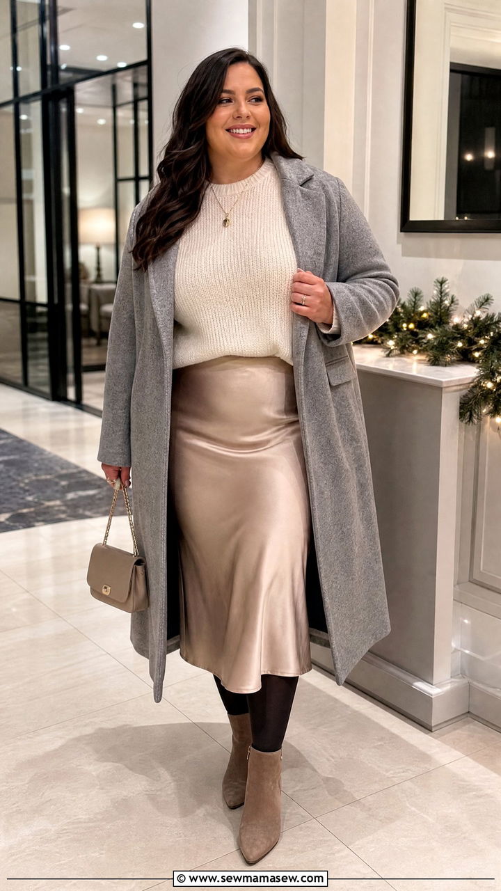 Plus Size Satin Midi Skirt With Chunky Sweater - 20 plus size winter date night outfit ideas