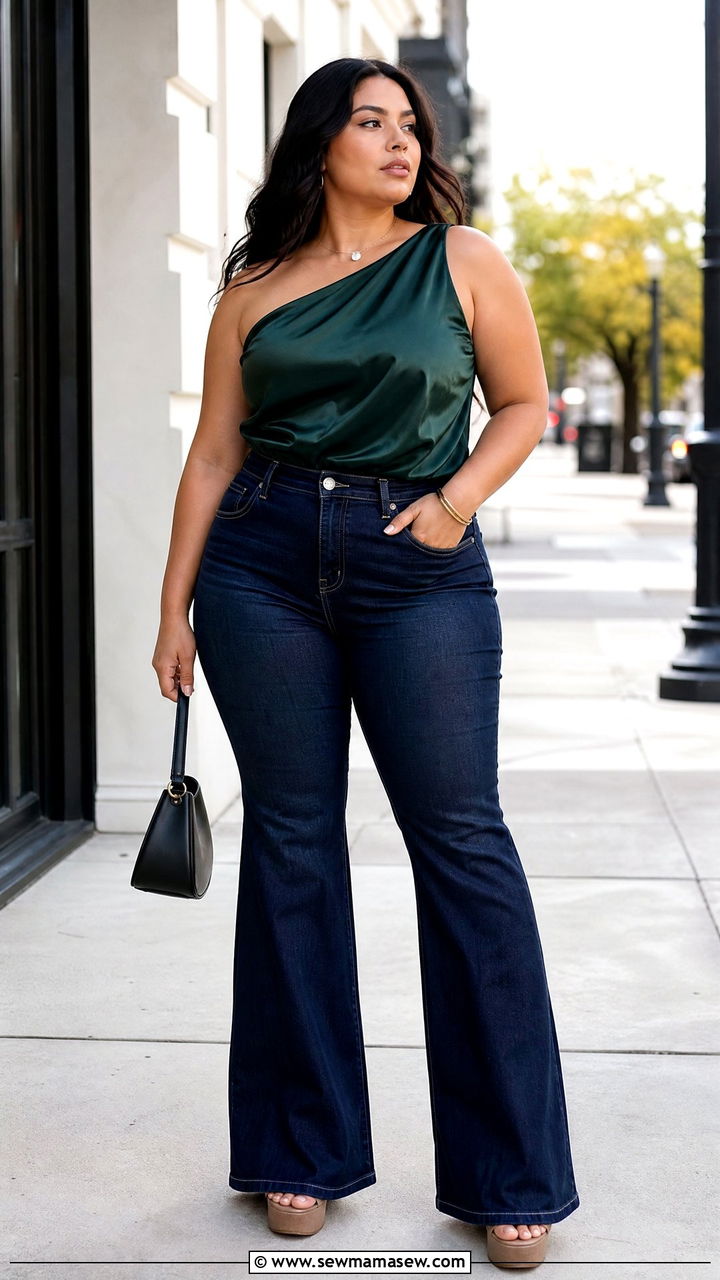 Plus Size Satin One Shoulder Top With Flare Jeans - 20 plus size one shoulder top outfit ideas