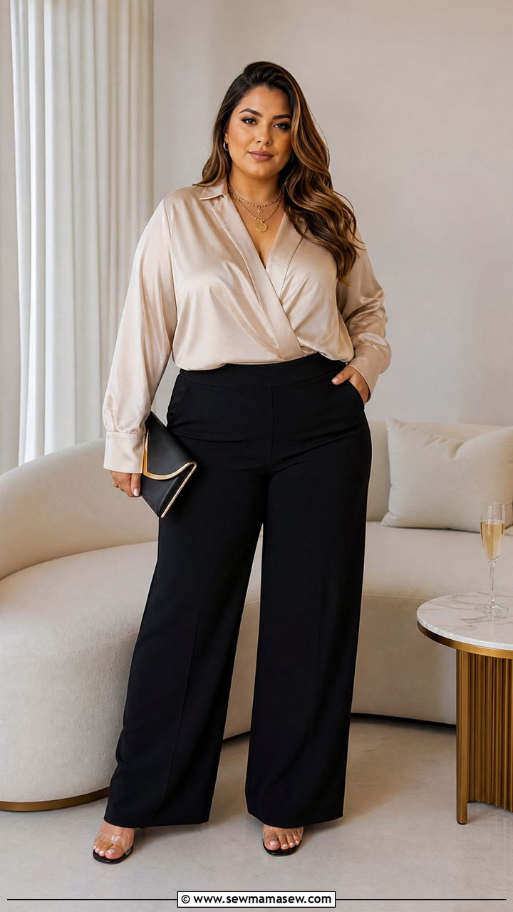 Plus Size Satin Party Top With Wide Leg Pants - 20 plus size party top outfit ideas