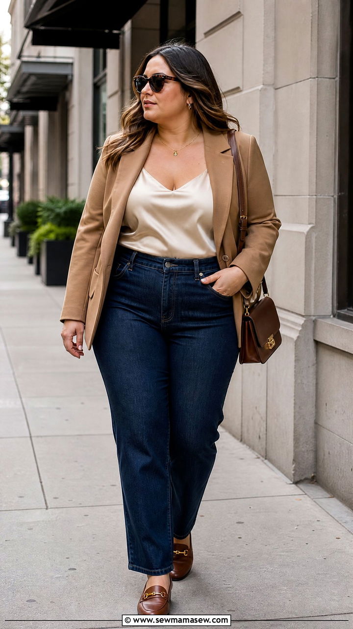 Plus Size Satin Top With A Blazer And Jeans - 20 plus size satin top outfit ideas