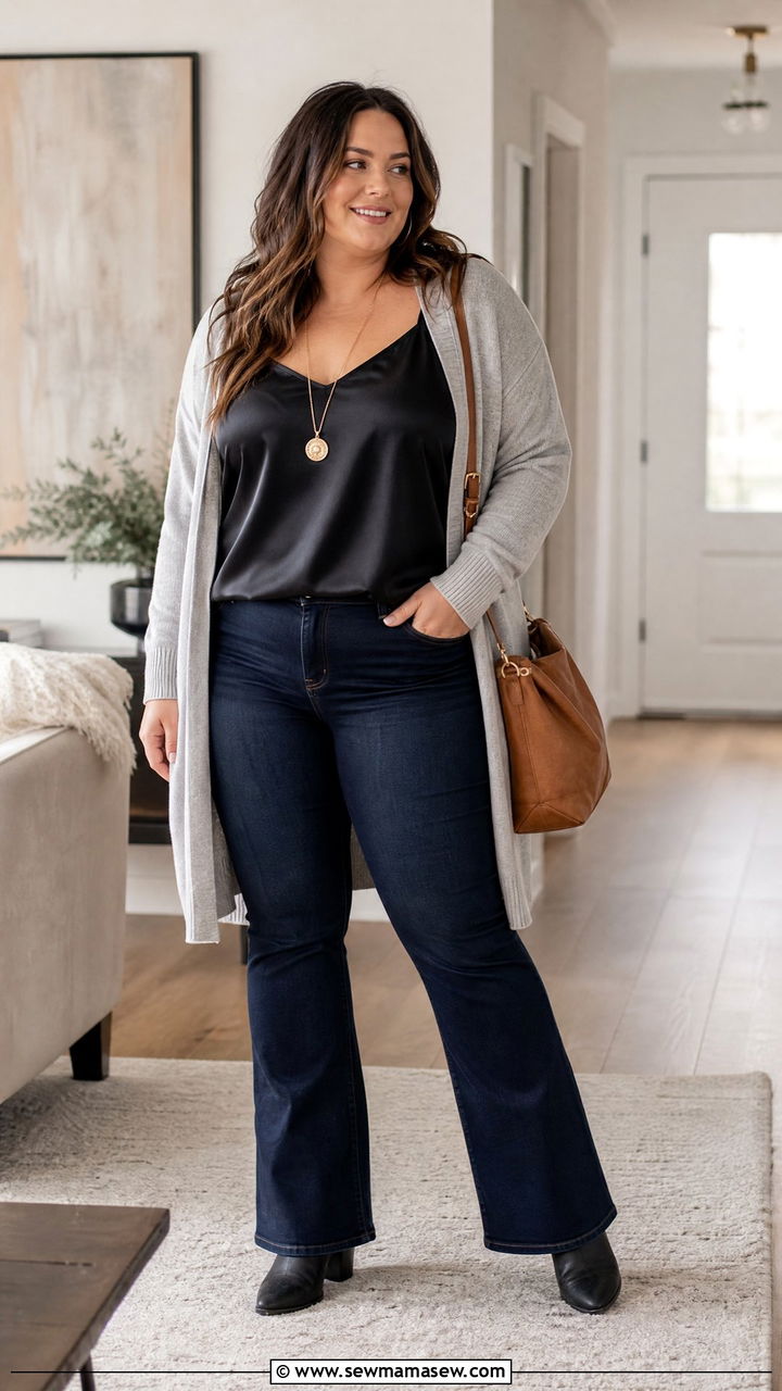 Plus Size Satin Top With A Cardigan And Jeans - 20 plus size satin top outfit ideas