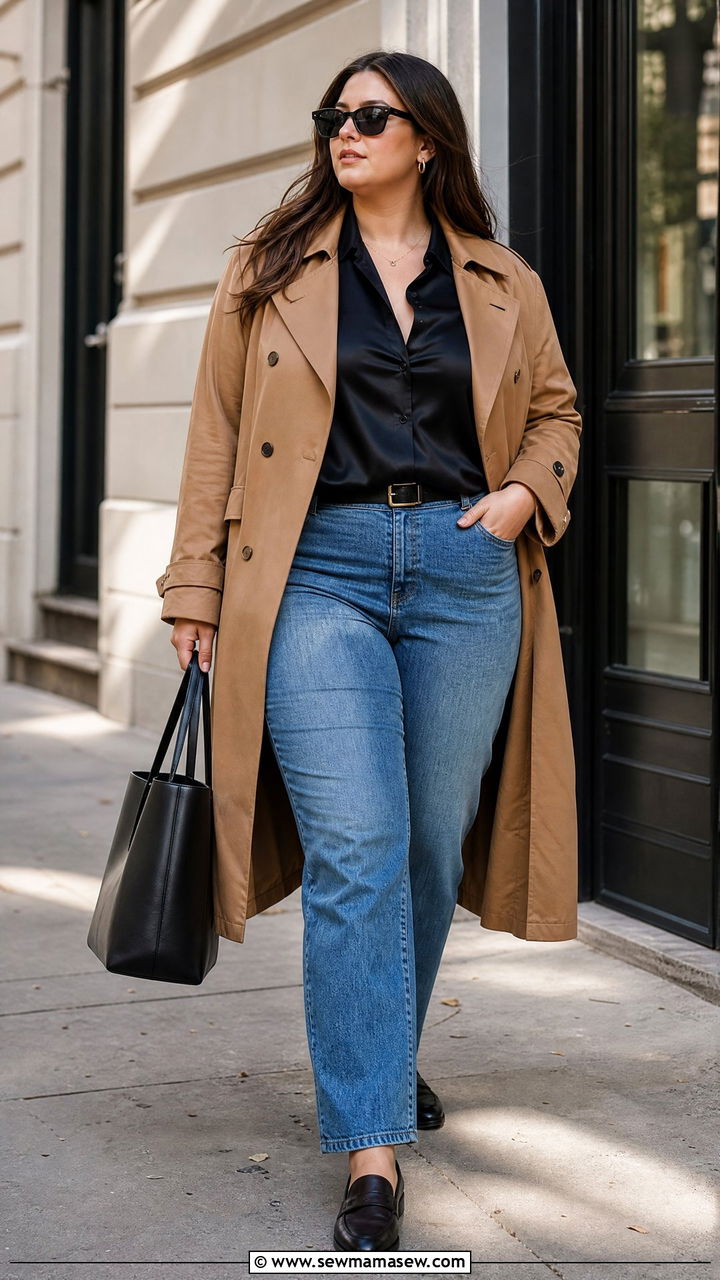 Plus Size Satin Top With A Trench Coat - 20 plus size satin top outfit ideas