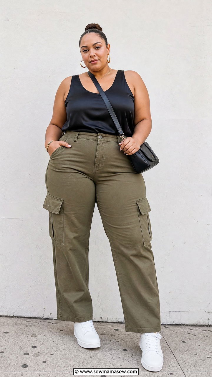 Plus Size Satin Top With Cargo Pants - 20 plus size satin top outfit ideas
