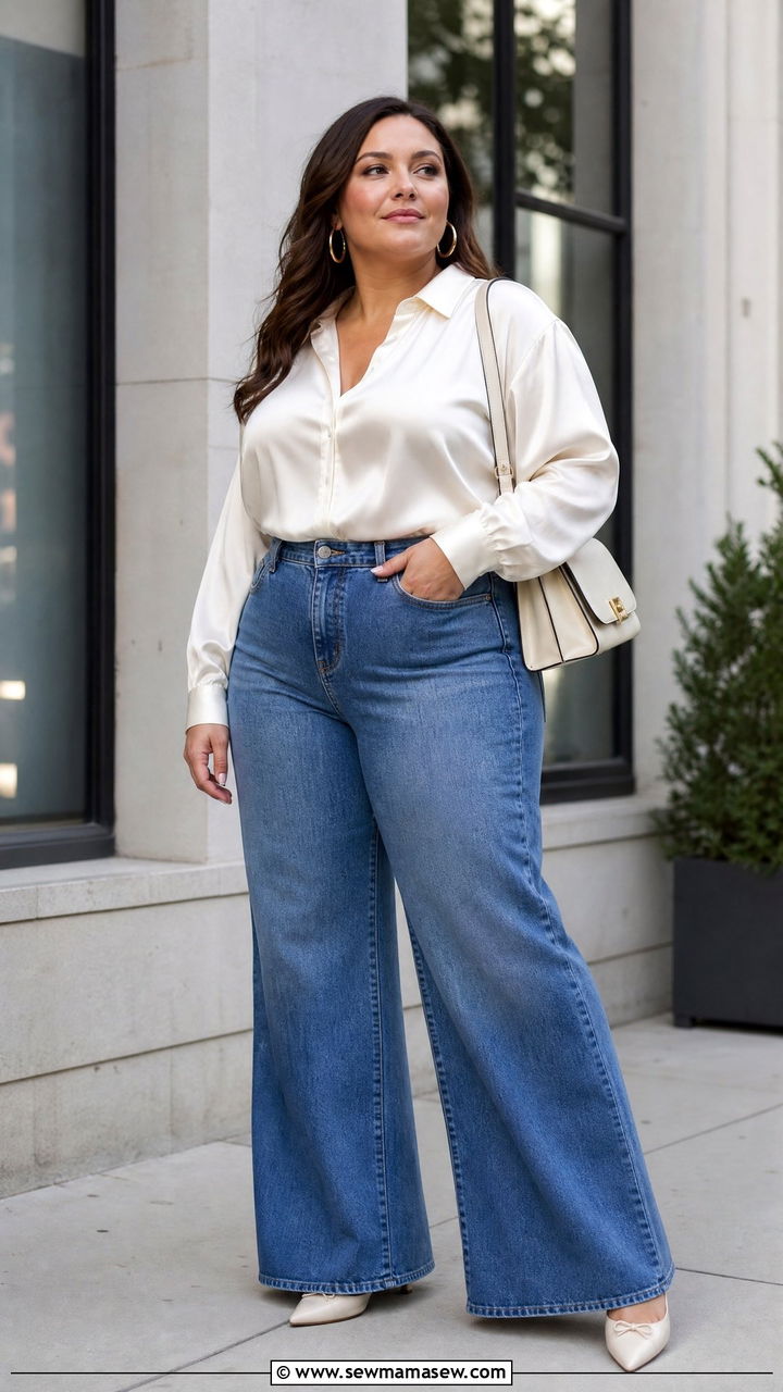 Plus Size Satin Top With Wide Leg Jeans - 20 plus size satin top outfit ideas