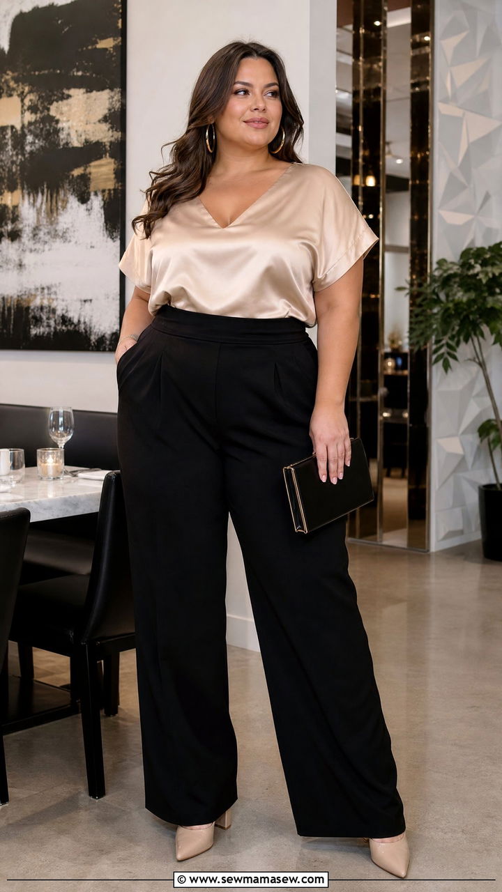 Plus Size Satin Top With Wide Leg Pants - 20 plus size date night top outfit ideas