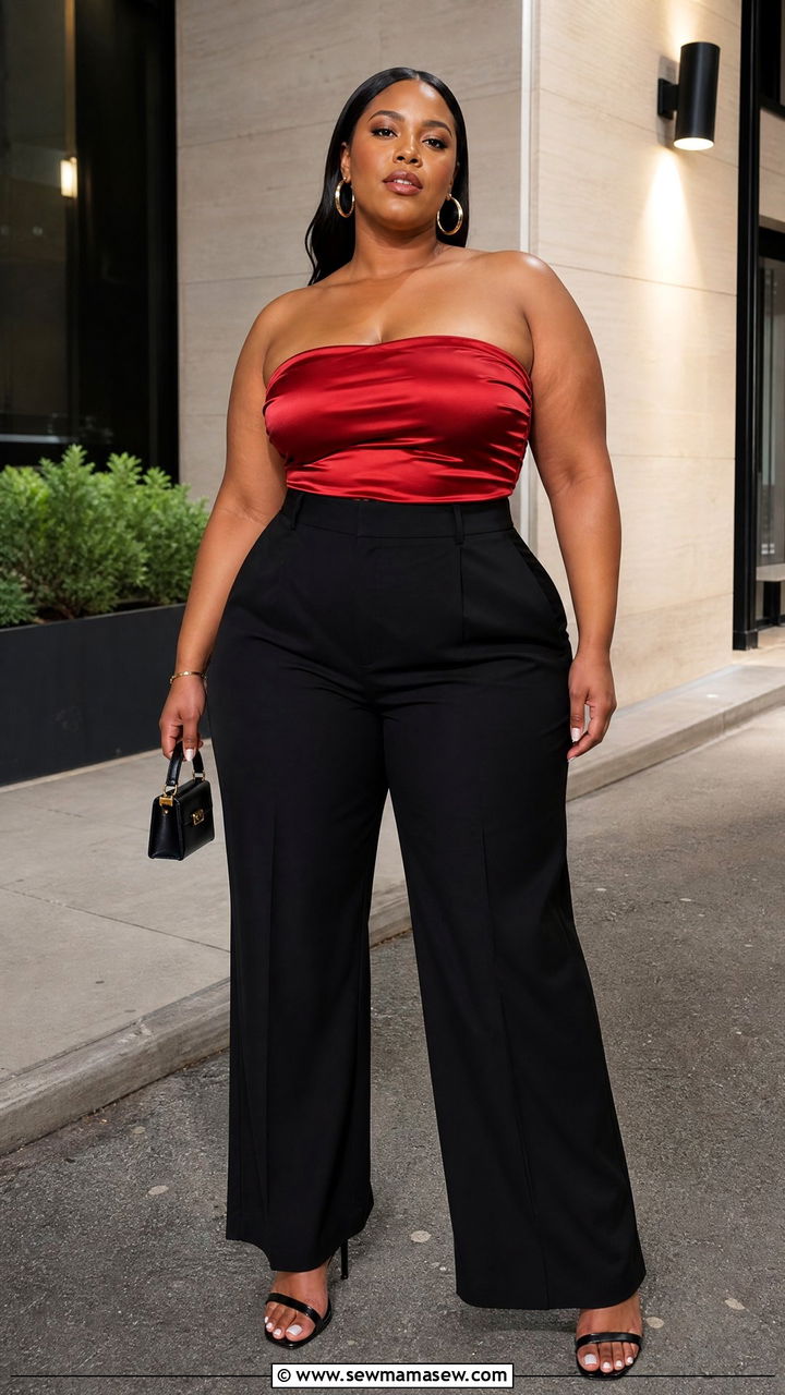 Plus Size Satin Tube Top With Black Pants - 20 plus size satin tube top outfit ideas