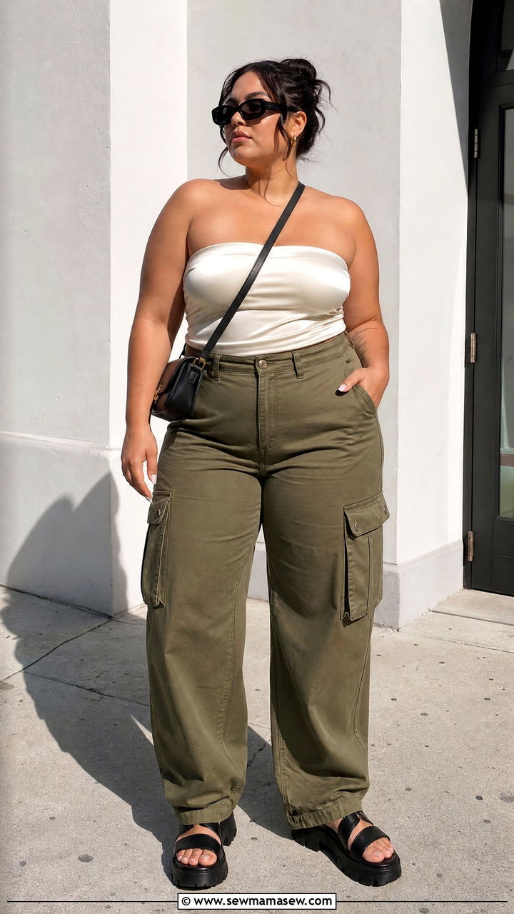 Plus Size Satin Tube Top With Cargo Pants - 20 plus size satin tube top outfit ideas