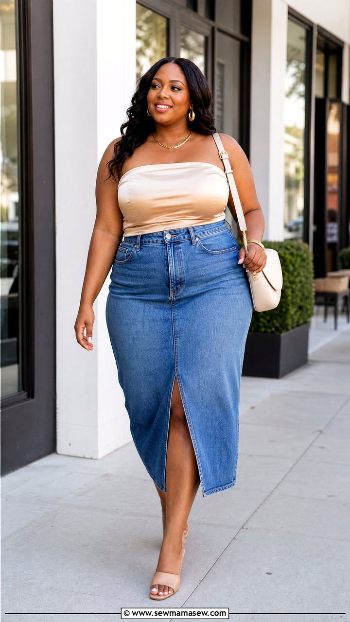 Plus Size Satin Tube Top With Denim Skirt - 20 plus size satin tube top outfit ideas