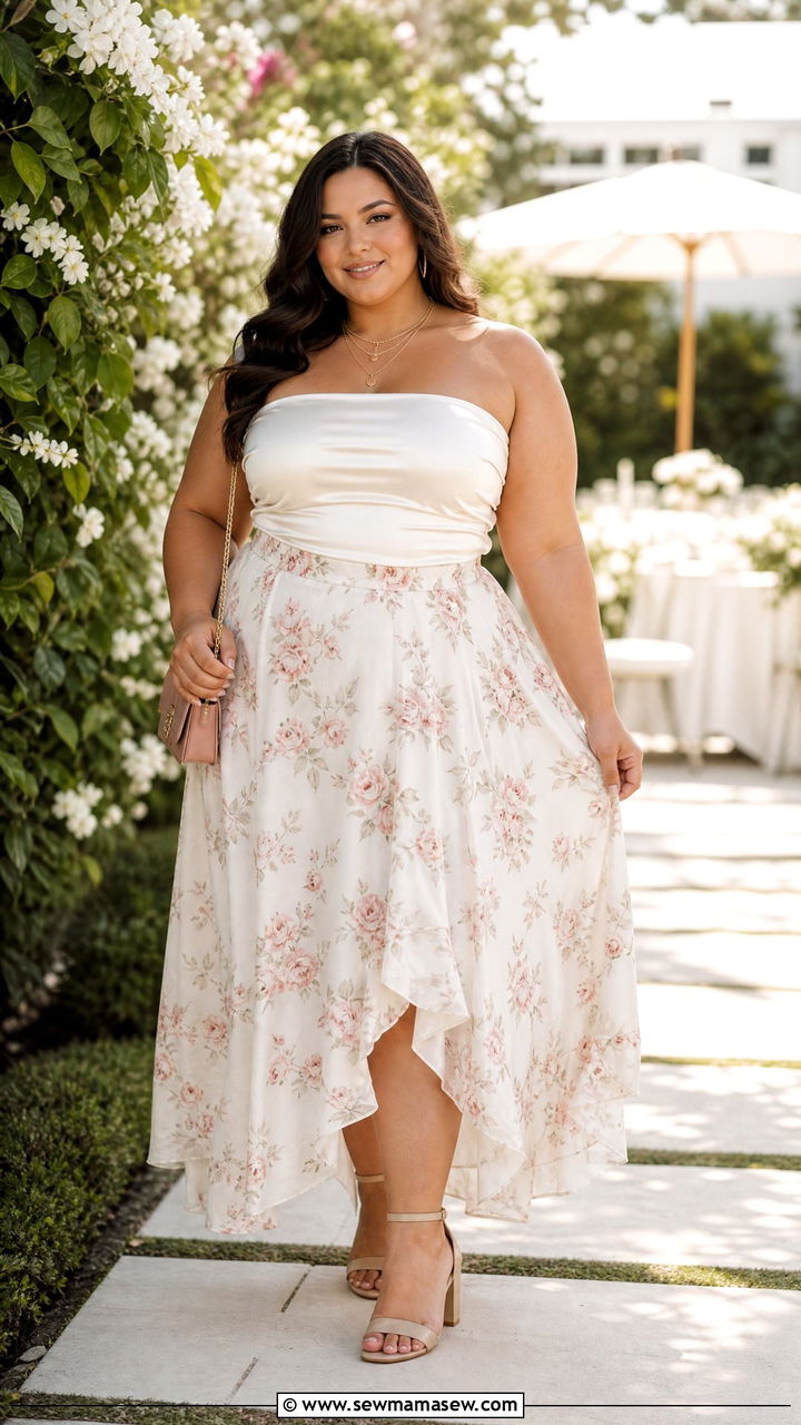 Plus Size Satin Tube Top With Flowy Skirt - 20 plus size satin tube top outfit ideas
