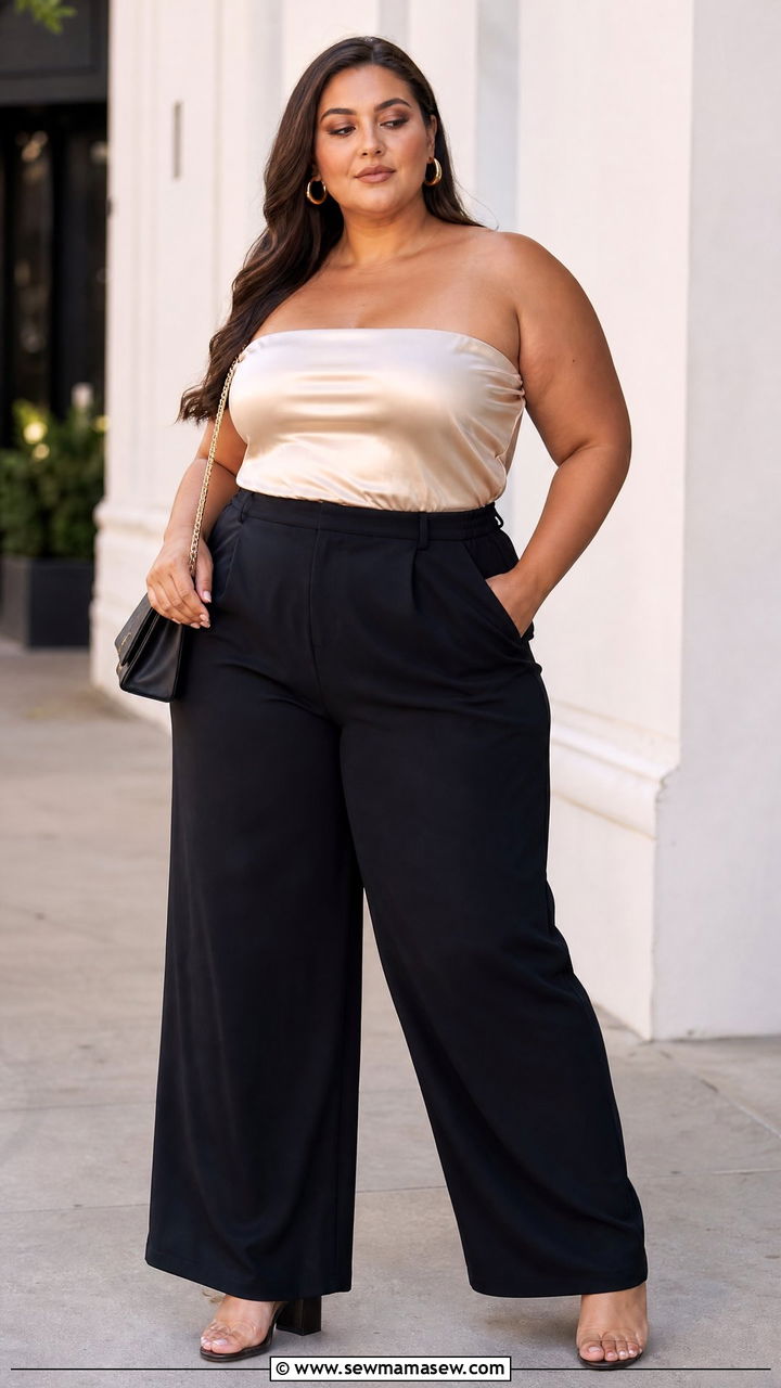 Plus Size Satin Tube Top With Wide Leg Pants - 20 plus size satin tube top outfit ideas